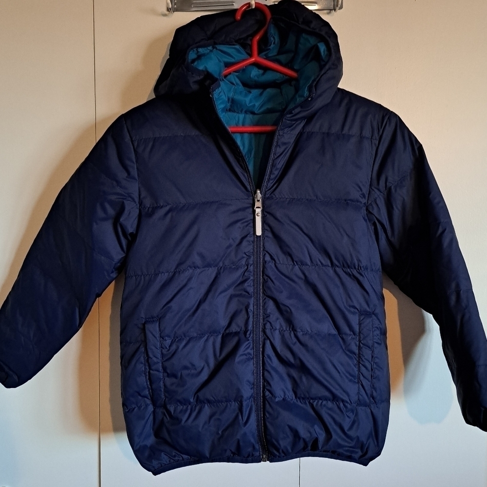 Hanna Andersson boys 120 or 6/7 reversible navy/teal jacket size tag removed EUC